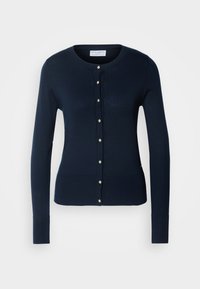 Marineblauwe gebreide cardigan met lange mouwen, geribbelde manchetten en een knoopsluiting aan de voorkant met kleine goudkleurige knopen.