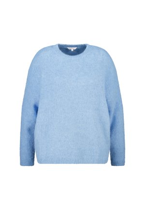 Pull bleu clair, duveteux, avec un col rond, des épaules tombantes et des manches longues. Texture douce et coupe décontractée.