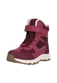 Botte d'hiver pour enfant de couleur bordeaux, avec semelle texturée, bride ajustable, lacets élastiques et doublure en polaire blanche.