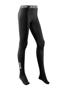 Black compression tights with a logo on the waistband and lower leg. The fabric appears smooth with a close-fitting design and structured knee areas.