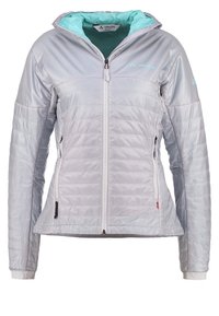 Veste matelassée pour femme gris clair avec doublure intérieure turquoise, fermeture éclair à l'avant, deux poches latérales zippées et capuche.