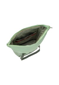 Lichtgroene boodschappentas met ritssluiting; ruime binnenkant met rode en grijze zakken; gemaakt van duurzaam, gestructureerd stof.