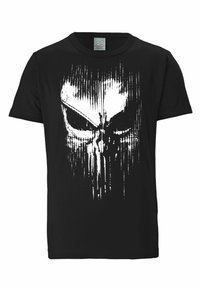 Black cotton t-shirt featuring a white skull graphic with vertical line details. Crew neck and short sleeves. Simple, straight cut design.