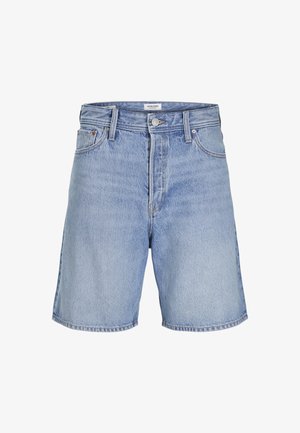 Pantaloncini di denim azzurro chiaro con passanti per cintura, bottone frontale, zip e tasche laterali, mostrati su sfondo bianco.