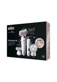 Emballage du Braun Silk-épil 9 Flex, présentant un épilateur blanc élégant avec des touches de rose doré, un rasoir, un mini épilateur et un exfoliant avec divers accessoires.