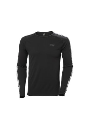 Black long-sleeve athletic shirt with a round neckline, textured fabric, and white striped accents on the shoulders and sleeves.