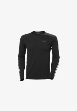 Czarna, długozasłonowa koszulka sportowa z okrągłym dekoltem, teksturowany materiał oraz białe paski na ramionach i rękawach.