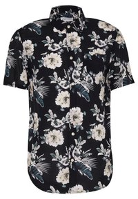 Chemise à manches courtes noire à motifs floraux présentant des fleurs blanches et teal, des feuilles vertes, et un devant boutonné avec un col classique.
