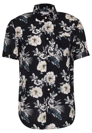 Kortermet svart blomstret skjorte med hvite og teal blomster, grønne blader og knappet front med klassisk krage.