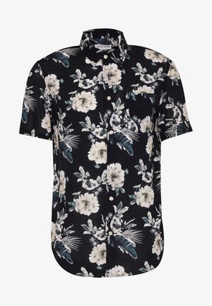 Chemise à manches courtes noire à motifs floraux présentant des fleurs blanches et teal, des feuilles vertes, et un devant boutonné avec un col classique.