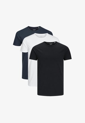 Pakke med tre t-shirts i marineblå, hvid og sort. Hver har rund hals, korte ærmer og en glat bomuldsstruktur.