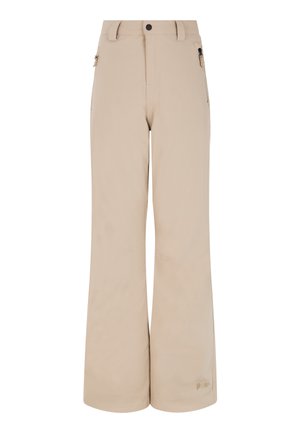 Pantalons beige à jambes larges avec une texture lisse, poches latérales zippées et une fermeture à un bouton à la taille. Logo près de l'ourlet.