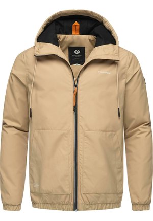 Beige hooded jacket with a black interior, front zipper, adjustable drawstring, and two side pockets; features orange accent details.