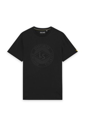 T-shirt noir à manches courtes avec col rond, orné d'un logo circulaire subtil "LS" au centre et d'un petit logo jaune sur la manche gauche.