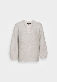 Jasnoszary, dzianinowy kardigan z głębokim dekoltem w kształcie litery V, z oversize'owymi rękawami i wzorem teksturowym na całej powierzchni. Otwarty przód bez zapięcia.