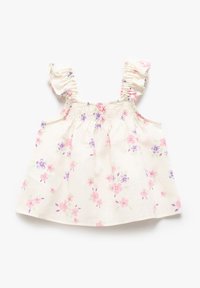 Bomulds tanktop med flæser ved stropperne, smocket bærestykke, cremegul bund og pink og lilla blomster mønstre over det hele.