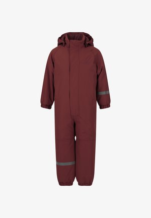 Bordeauxfarbene Einteiler-Jumpsuit mit Kapuze, elastischen Bündchen und reflektierenden Streifen an Armen und Beinen für bessere Sichtbarkeit. Wasserfestes Material.
