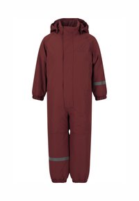 Viininpunainen sadeasu hupulla, joustavilla kalvosimilla ja heijastavilla raidoilla käsivarsissa ja jaloissa. Sileä pinta, täysi etuosan suljin ja minimaalinen saumoja.