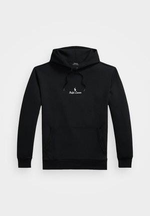 Juodas ilgomis rankovėmis džemperis su priekine kišene, virvute reguliuojamu kapisonu ir baltu Ralph Lauren logotipu, centruotu ant krūtinės.