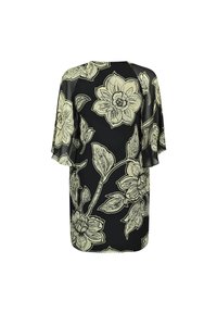 Vestido negro con estampado de flores en color crema, con mangas sueltas y un corte relajado. Tela suave con una textura blanda.