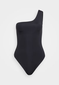 Jednodílný černý plavecký oblek s jedním ramenem, vyrobený z hladkého, elastického materiálu; má přiléhavé tělo a vysoký střih nohavic pro elegantní siluetu.