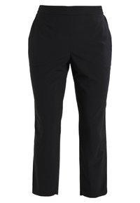 Černé kalhoty rovného střihu, s hladkým povrchem, elastickým pasem a bez viditelných kapes nebo ozdob.
