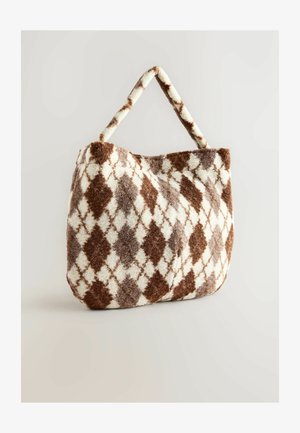 Taška na rameno s textúrovaným, huňatým povrchom s diamantovým vzorom v hnedej a krémovej farbe. Má dva zaoblené držadlá.