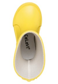 Botte en caoutchouc jaune avec un extérieur lisse et une doublure intérieure douce et grise. Présente une pointe arrondie et une couture au centre.