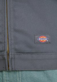 Sivi platneni jakna s zlatnim zatvaračem i Dickies logom. Karakterizira je glatka tekstura i prilagođeni pojas. Naglašena je dvostrukim šavovima.