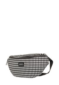 Zwart-witte gingham heuptas met een ritssluiting, verstelbare schouderriem en een logo-applicatie. De stof heeft een gladde textuur.