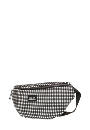 Zwart-witte gingham heuptas met een ritssluiting, verstelbare schouderriem en een logo-applicatie. De stof heeft een gladde textuur.