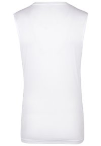 Débardeur de sport sans manches blanc, fabriqué en tissu mesh respirant. Il présente un col rond et un ourlet lisse, au design épuré.