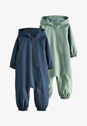 Zwei einteilige Regenanzüge für Kinder mit Kapuze in Blau und Hellgrün, vorne mit diagonalen Reißverschlüssen und elastischen Bündchen an Ärmeln und Beinen.