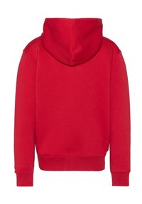 Sudadera roja con capucha, de textura suave, con puños y dobladillo acanalados. Vista posterior, presenta una capucha grande y vacía sin logotipos ni patrones visibles.