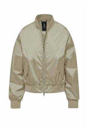 Jasnobeżowa kurtka typu bomber z frontowym zamkiem błyskawicznym, ściągaczem przy kołnierzu, mankietach i pasie oraz dwoma bocznymi kieszeniami.