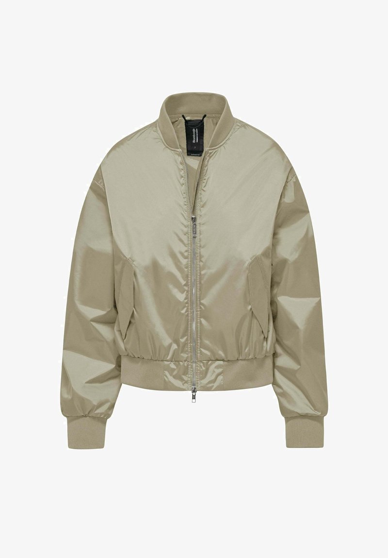 Giacca bomber beige chiaro con cerniera frontale, collo, polsini e fascia in vita a coste, e due tasche laterali.