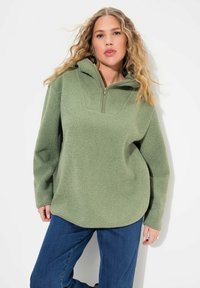 Zielony polarowy sweter z zamkiem błyskawicznym przy szyi, długimi rękawami i zaokrąglonym dołem. Posiada miękką strukturę i kontrastujące detale zamka.