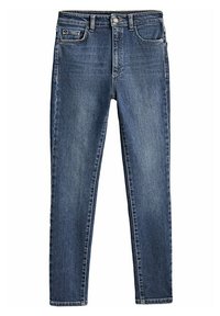 Ljust blå denimjeans, slim fit. Har fem fickor, dragkedja och metallknappstängning. Slät textur med minimal blekning.