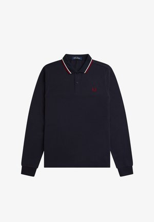 Marineblauw poloshirt met lange mouwen, voorzien van een rood-wit gestreepte kraag en een klein rood laurierkranslogo op de linkerborst.