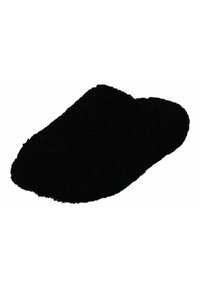 Zwarte instapslippers van zacht, textuurstof, met een gesloten neus en een rugloos ontwerp, voorzien van een pluche interieur voor comfort.