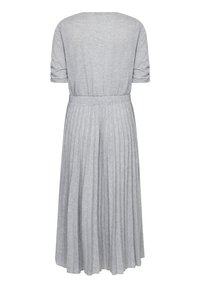Gray pleated dress with short sleeves, a round neck, and an elastic waist. Made from a soft, lightweight fabric.