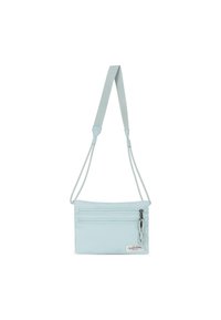 Borsa a tracolla azzurro chiaro realizzata in tessuto morbido, caratterizzata da due tasche con zip, tracolla regolabile e logo in evidenza sulla parte frontale.