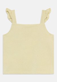 Lys gul tanktopp med en glitrende tekstur, utstyrt med volanger på stroppene og firkantet hals, designet for avslappet bruk.