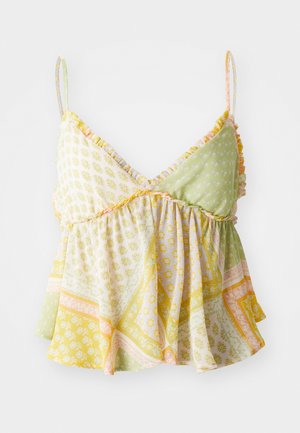 Camisola s cvjetnim uzorkom s volančićima na naramenicama, koja sadrži kombinaciju svijetlozelene, žute i breskve boje. Mekani, lagani materijal.