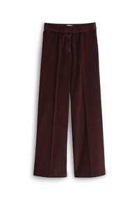 Pantaloni in corduroy bordeaux a gamba larga con elastico in vita, dotati di due tasche laterali e una finitura morbida e texturizzata.