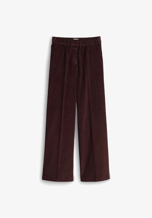 Burgundy wide-leg corduroy pants with an elastic waistband, featuring two side pockets and a soft, textured finish.
