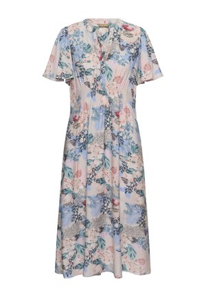 Pastelfarvet blomster-middellang kjole med korte flagrende ærmer, V-udskæring og en flydende A-linje silhuet.