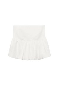 Mini fustă albă cu volane, prevăzută cu un brâu elastic. Fabricată dintr-un material ușor, are o textură plisată pe margine.