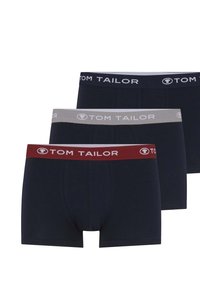 Tri pari moških bokseric v temno modri, sivi in burgundski barvi. Vsak par ima mehak pas z blagovno znamko "TOM TAILOR."