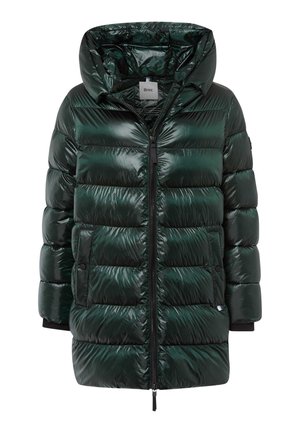 Giacca imbottita verde tipo puffer con finitura lucida, cappuccio, chiusura a zip e bottoni a scatto su due tasche laterali. Pannelli texturizzati e polsini elastici.